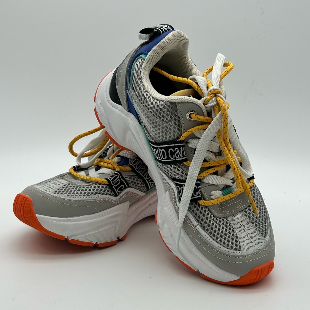 Roberto Cavalli Gray Sneakers with Orange Soles & Yellow Laces